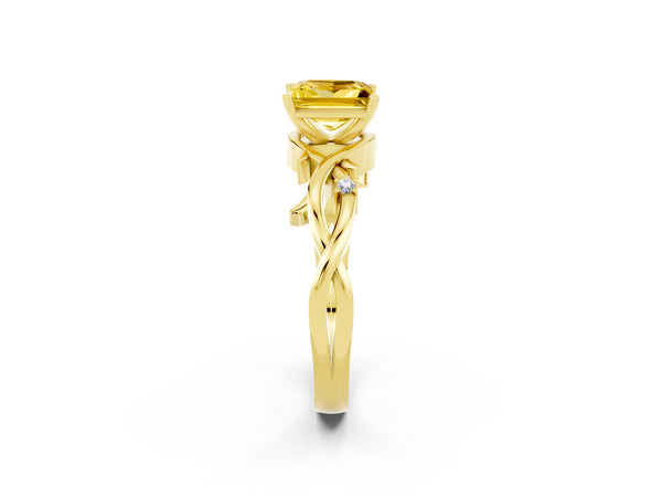 Yellow gold Princess Cut Yellow Sapphire Solitaire Ring with Twisted Band and Prong Setting