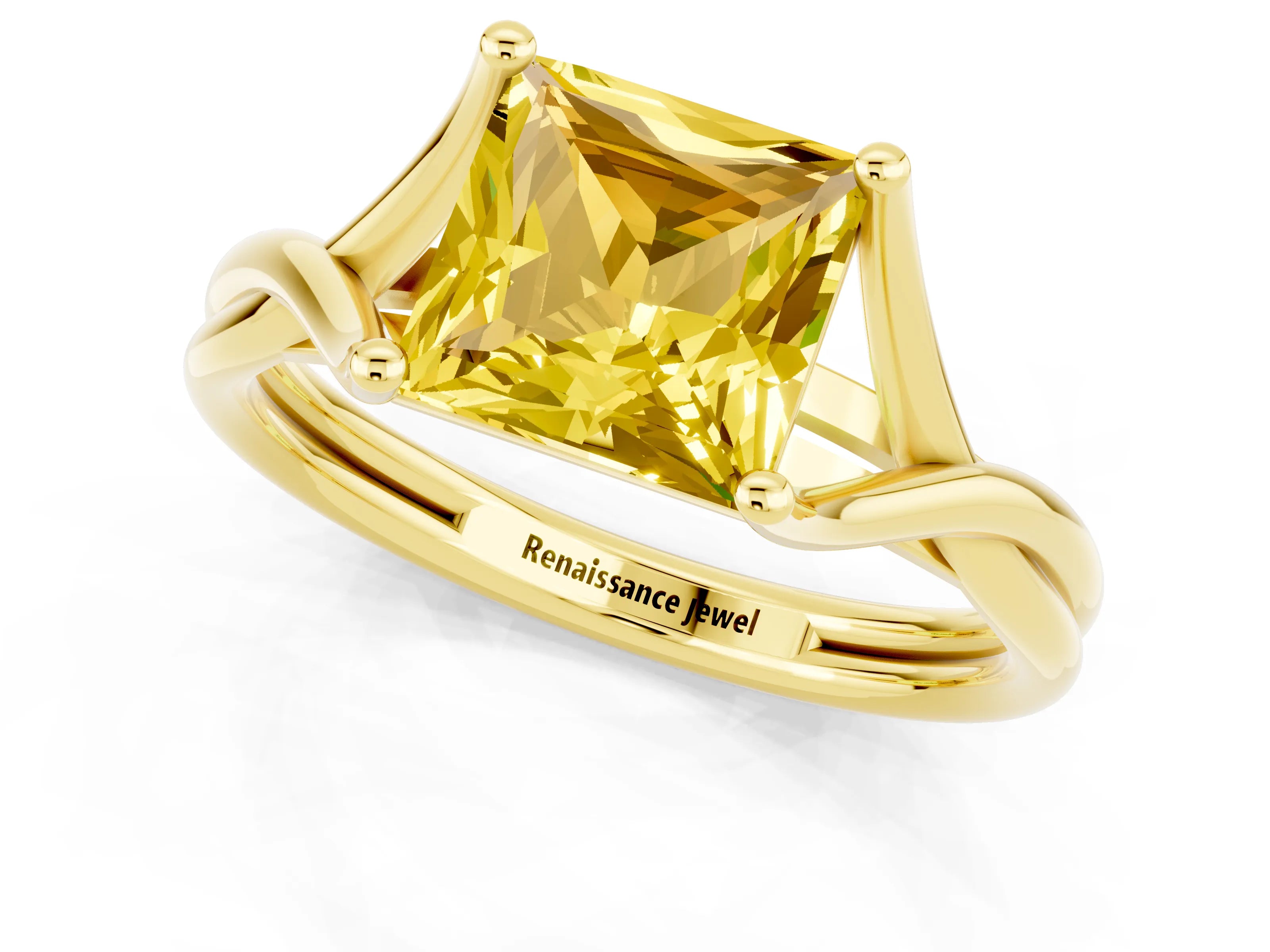 Yellow gold Princess Cut Yellow Sapphire Solitaire Twist Band Prong Setting Ring_85