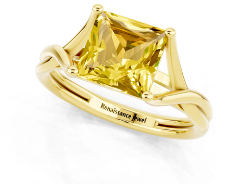 Yellow gold Princess Cut Yellow Sapphire Solitaire Twist Band Prong Setting Ring_85