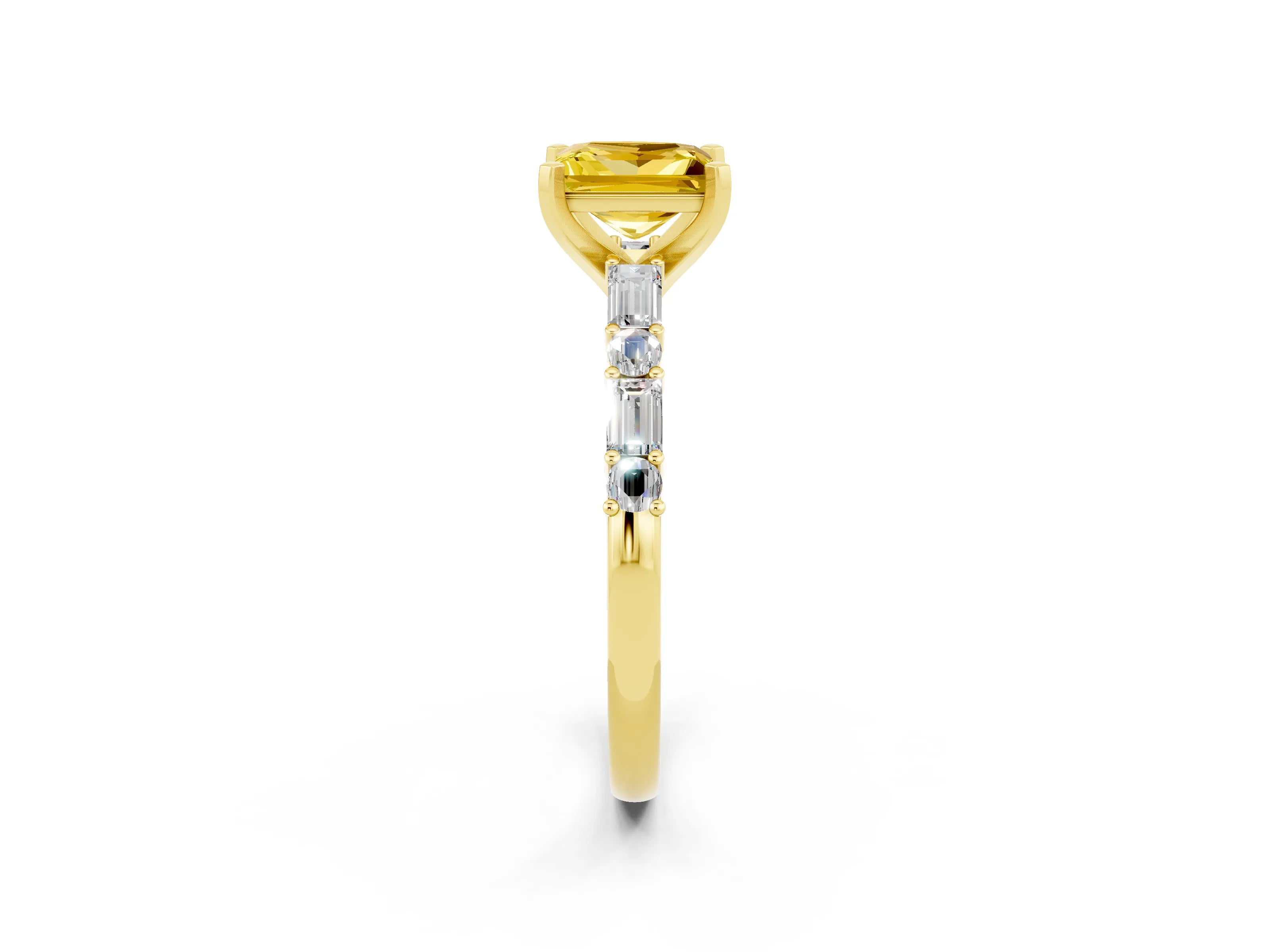 Yellow gold Princess Cut Yellow Sapphire Solitaire with Side Baguettes and Channel Set Band_26