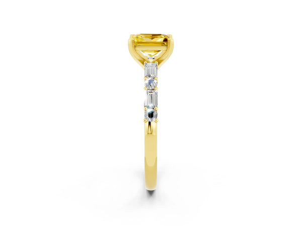 Yellow gold Princess Cut Yellow Sapphire Solitaire with Side Baguettes and Channel Set Band