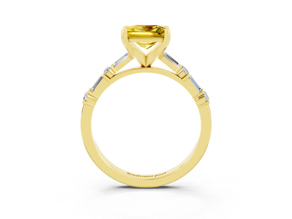 Yellow gold Princess Cut Yellow Sapphire Solitaire with Side Baguettes and Channel Set Band