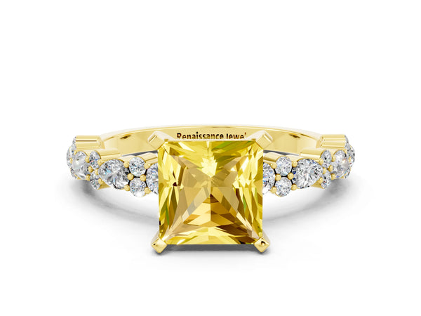 Yellow gold Princess Cut Yellow Sapphire Side Stone Solitaire Ring with Round  and Four-Prong Setting