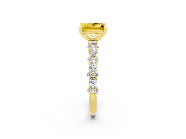 Yellow gold Princess Cut Yellow Sapphire Side Stone Solitaire Ring with Round  and Four-Prong Setting
