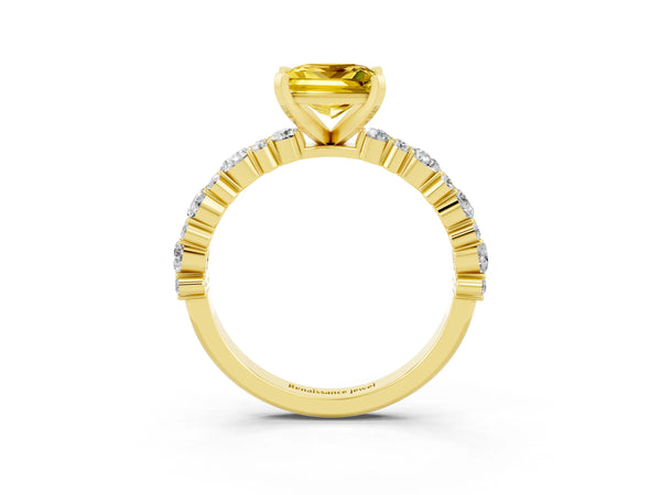 Yellow gold Princess Cut Yellow Sapphire Side Stone Solitaire Ring with Round  and Four-Prong Setting