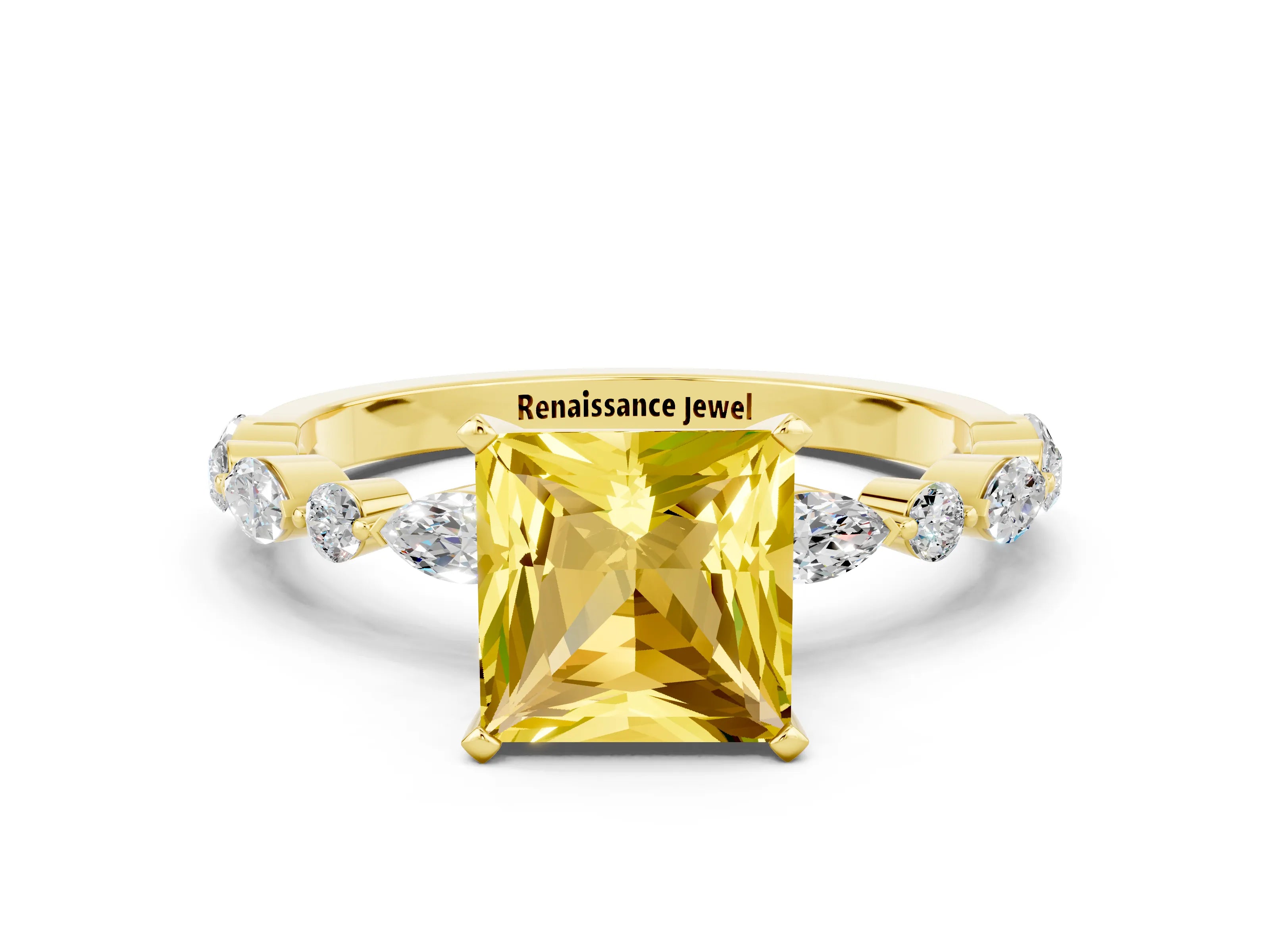 Yellow gold Princess Cut Yellow Sapphire Solitaire with Side Stones on a Pavé Band and Four-Prong Setting_24