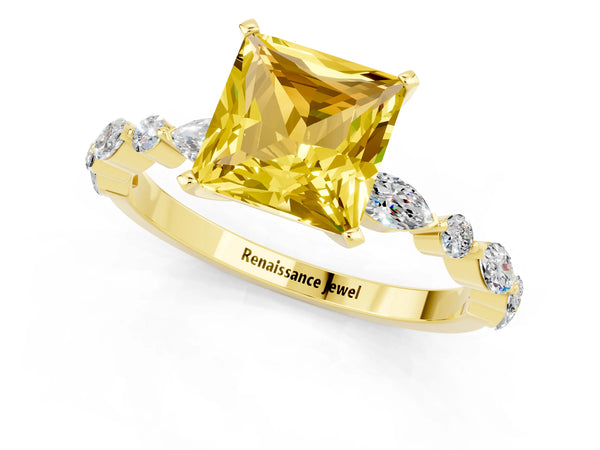 Yellow gold Princess Cut Yellow Sapphire Ring with Marquise and Round  Side Stones and Four-Prong Setting