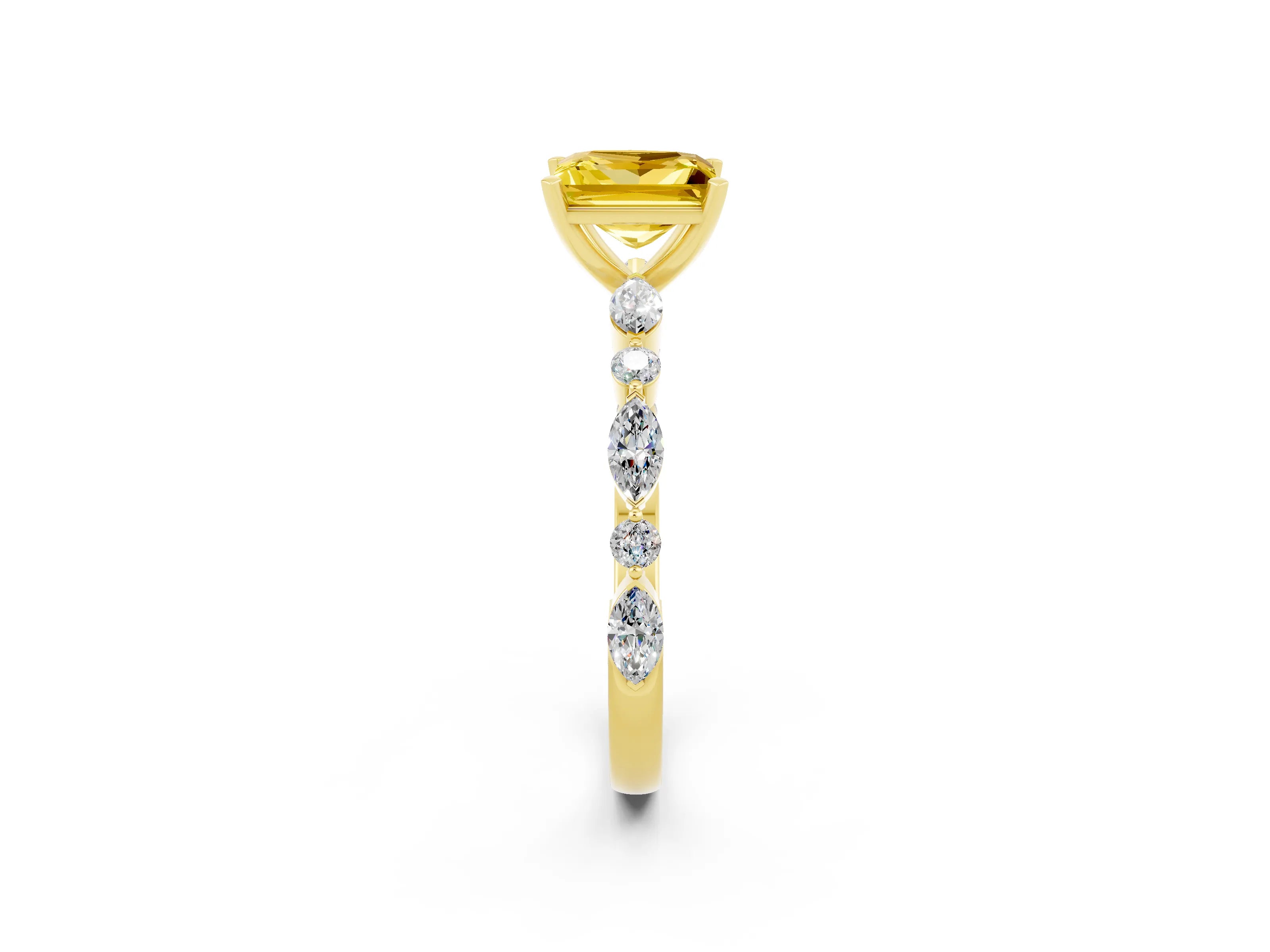 Yellow gold Princess Cut Yellow Sapphire Solitaire with Side Stones on a Pavé Band and Four-Prong Setting_26