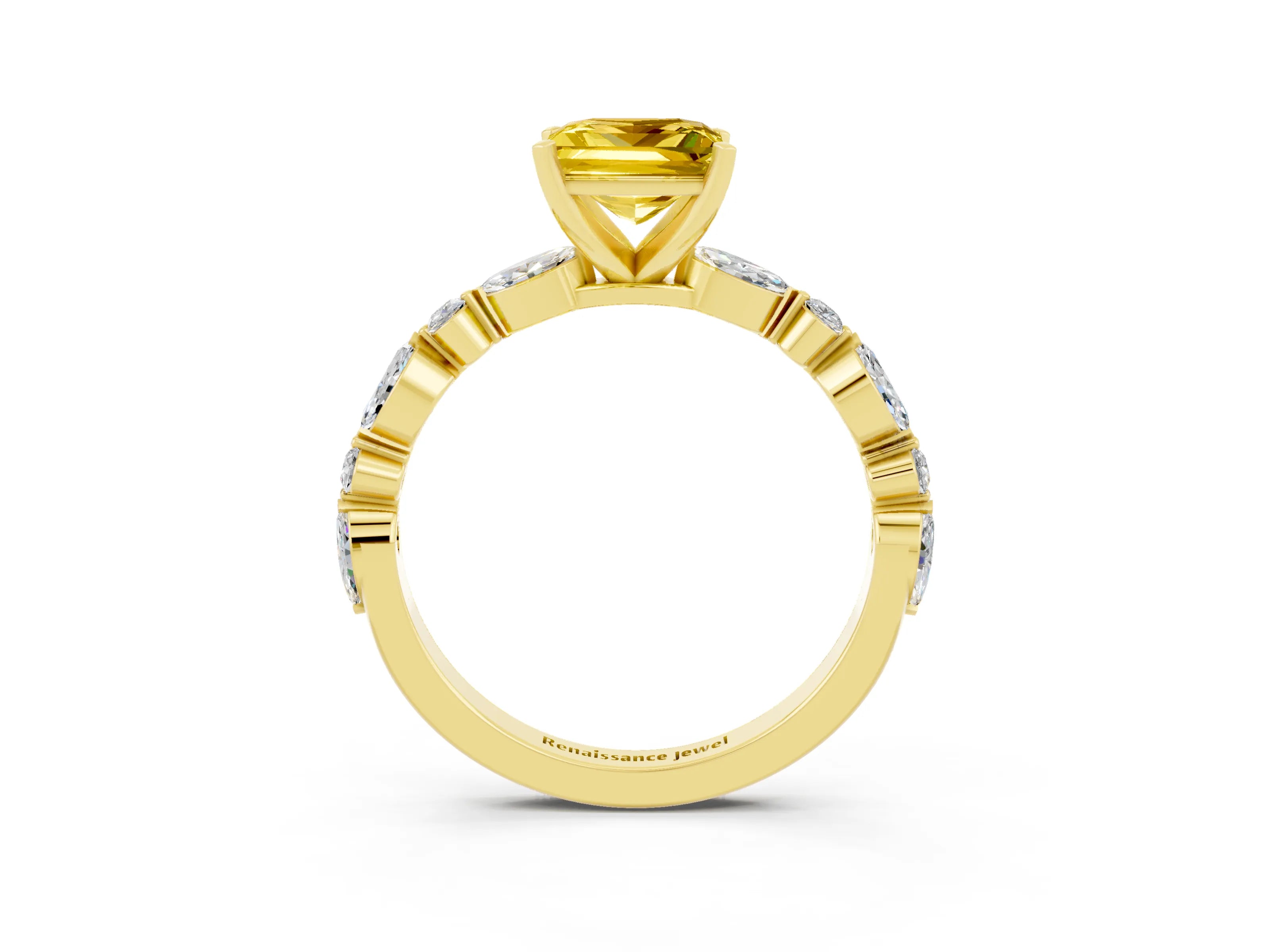 Yellow gold Princess Cut Yellow Sapphire Solitaire with Side Stones on a Pavé Band and Four-Prong Setting_27