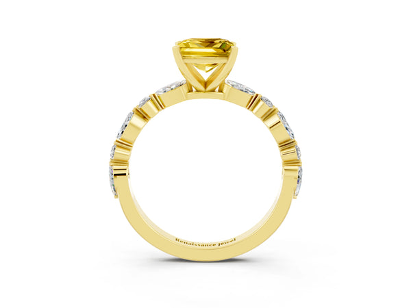 Yellow gold Princess Cut Yellow Sapphire Ring with Marquise and Round  Side Stones and Four-Prong Setting