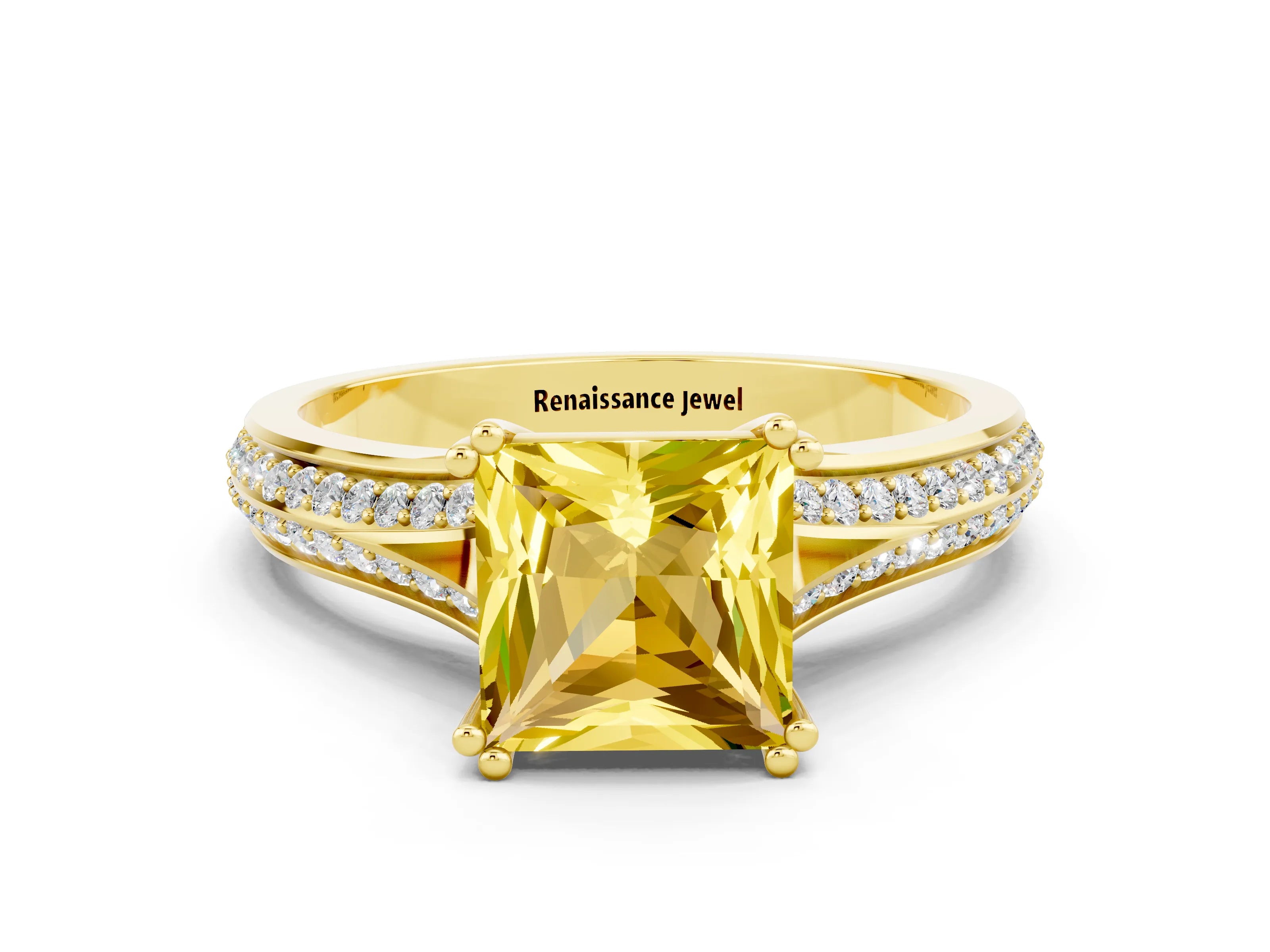 Yellow gold Princess Cut Yellow Sapphire Split Shank Engagement Ring with Pavé Band_24
