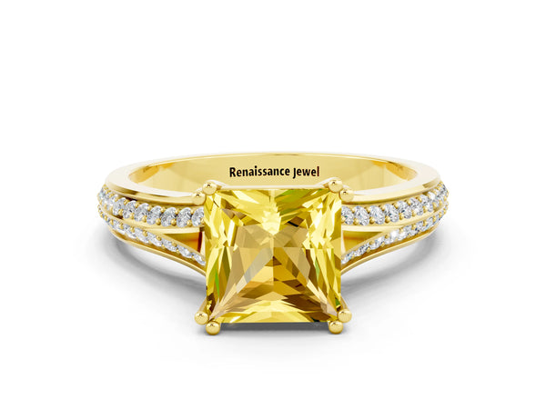 Yellow gold Princess Cut Yellow Sapphire Split Shank Engagement Ring with Pavé Band