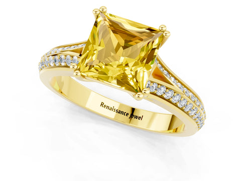 Yellow gold Princess Cut Yellow Sapphire Split Shank Engagement Ring with Pavé Band_25
