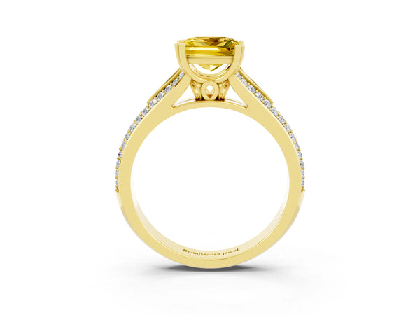Yellow gold Princess Cut Yellow Sapphire Split Shank Engagement Ring with Pavé Band