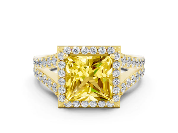 Yellow gold Princess Cut Yellow Sapphire Split Shank Halo Ring with Four-Prong Setting