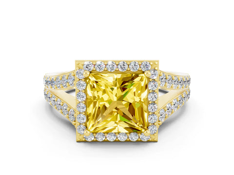 Yellow gold Princess Cut Yellow Sapphire Split Shank Halo Ring with Four-Prong Setting_12