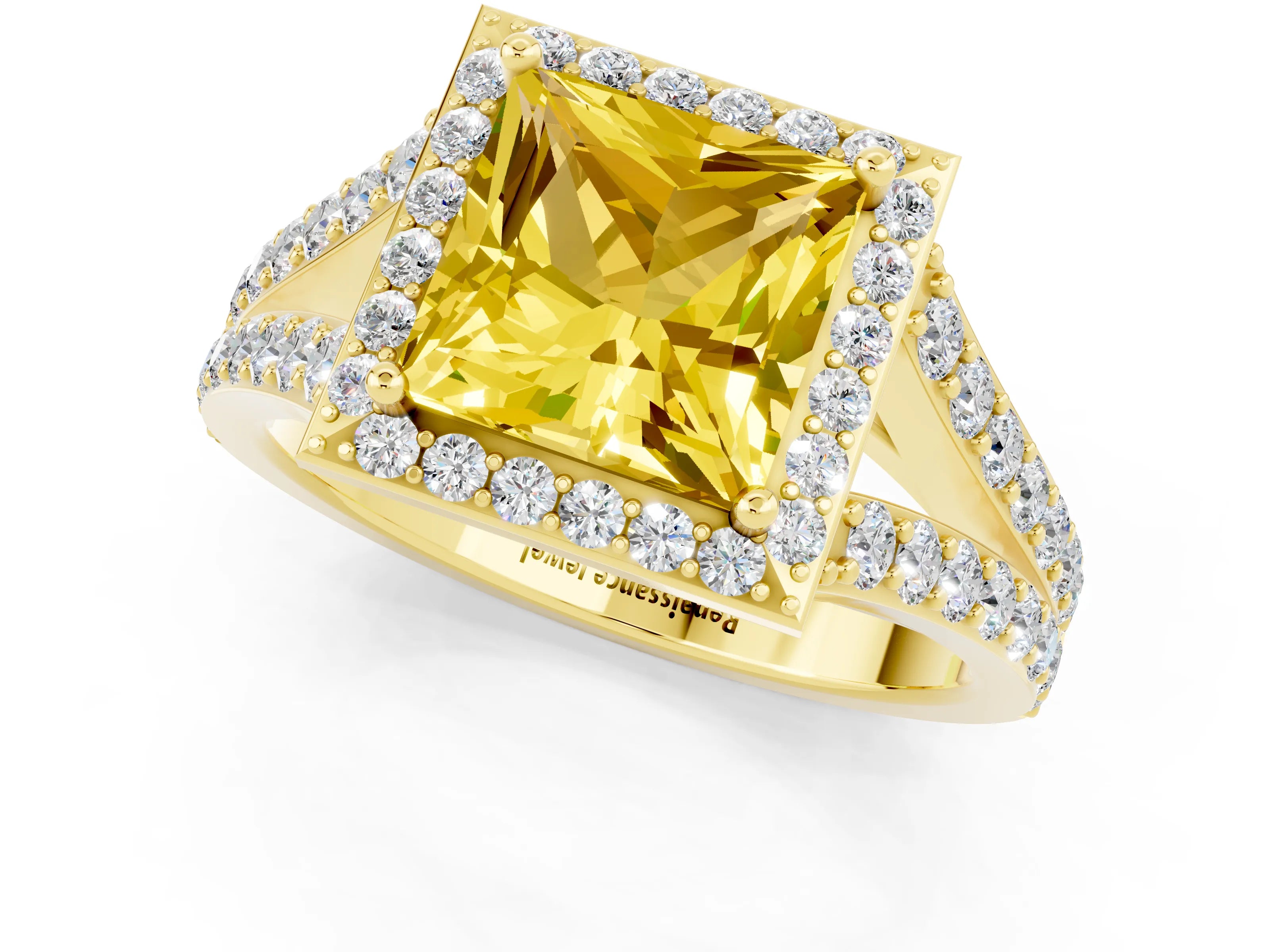 Yellow gold Princess Cut Yellow Sapphire Split Shank Halo Ring with Four-Prong Setting_13