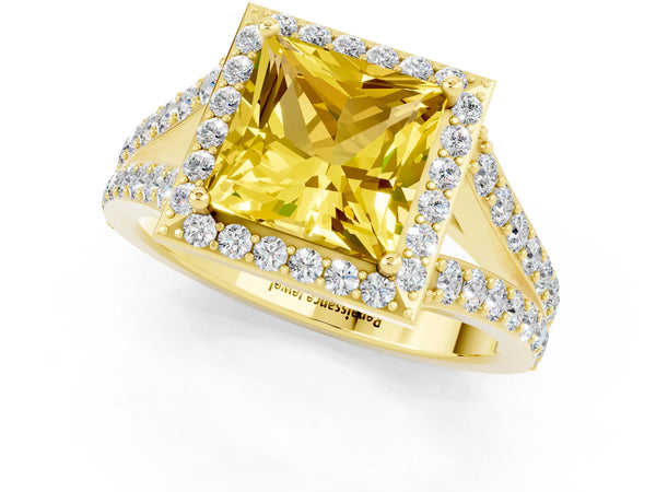 Yellow gold Princess Cut Yellow Sapphire Split Shank Halo Ring with Four-Prong Setting