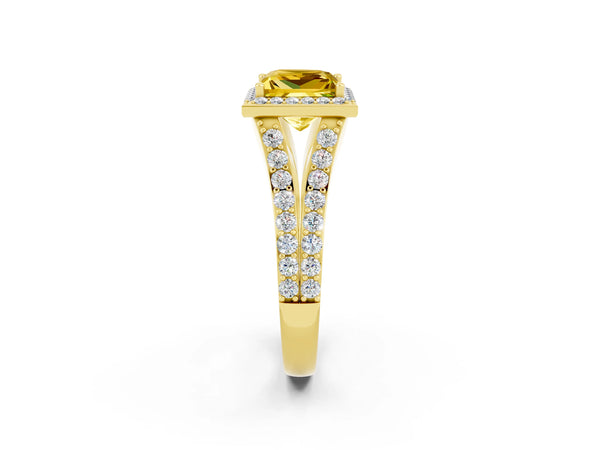 Yellow gold Princess Cut Yellow Sapphire Split Shank Halo Ring with Four-Prong Setting