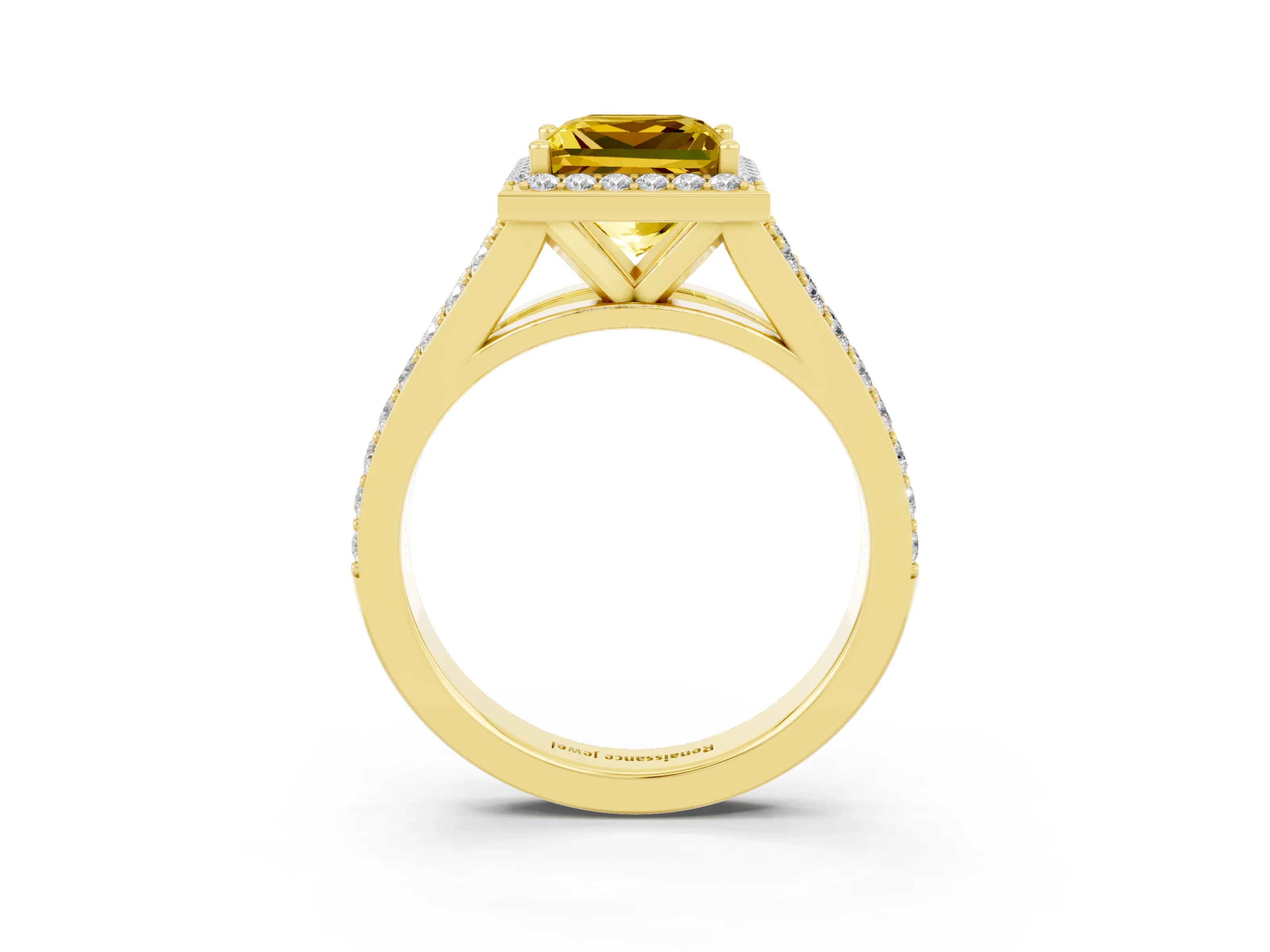 Yellow gold Princess Cut Yellow Sapphire Split Shank Halo Ring with Four-Prong Setting_15
