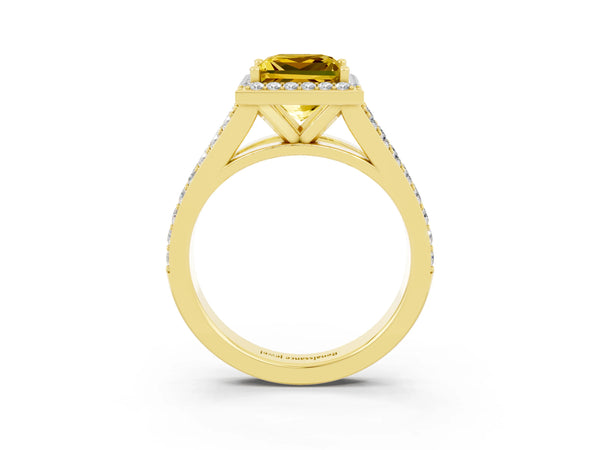 Yellow gold Princess Cut Yellow Sapphire Split Shank Halo Ring with Four-Prong Setting