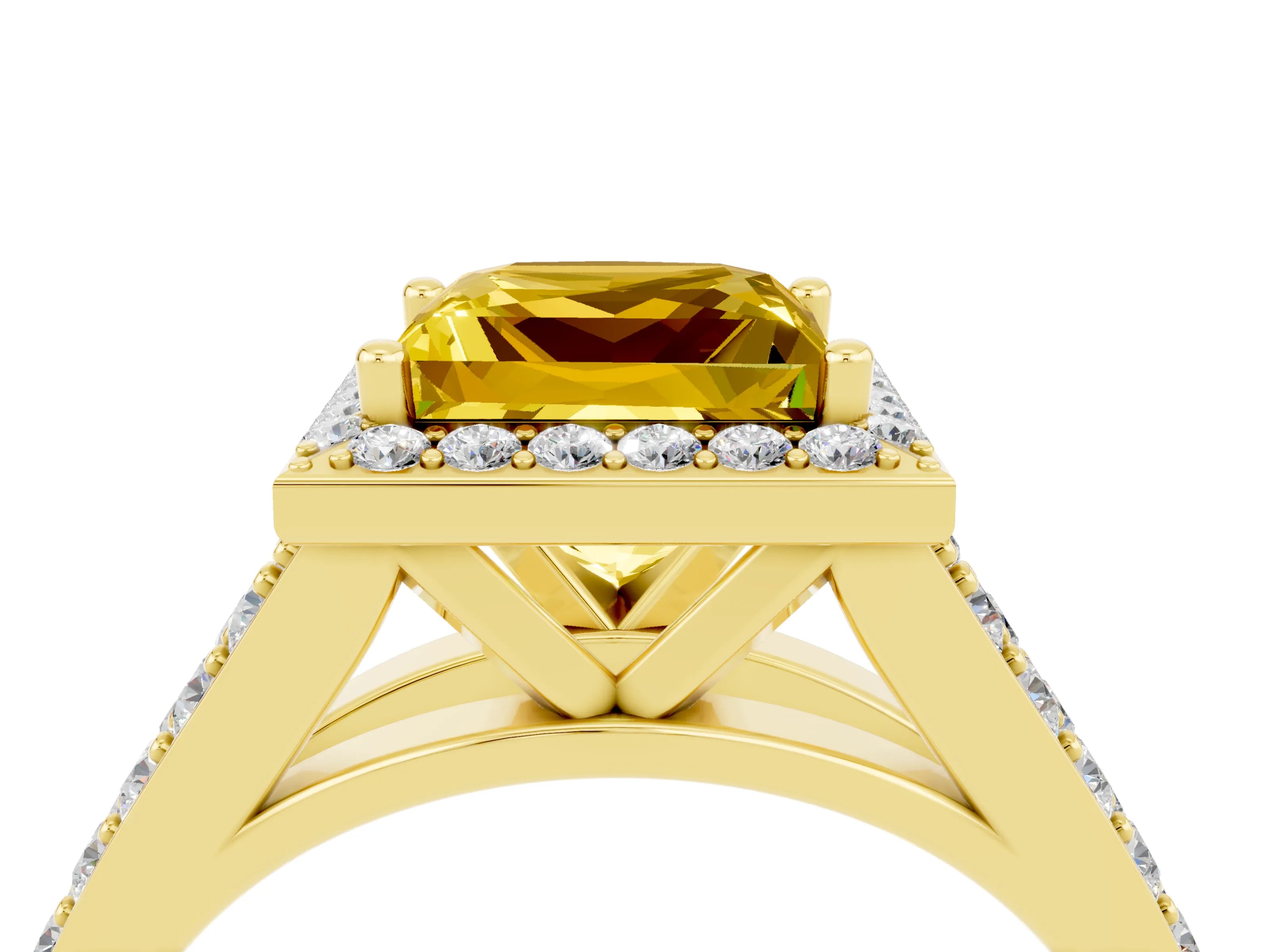 Yellow gold Princess Cut Yellow Sapphire Split Shank Halo Ring with Four-Prong Setting_16
