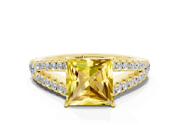 Yellow gold Princess Cut Yellow Sapphire Split Shank Pavé Engagement Ring with Four-Prong Setting