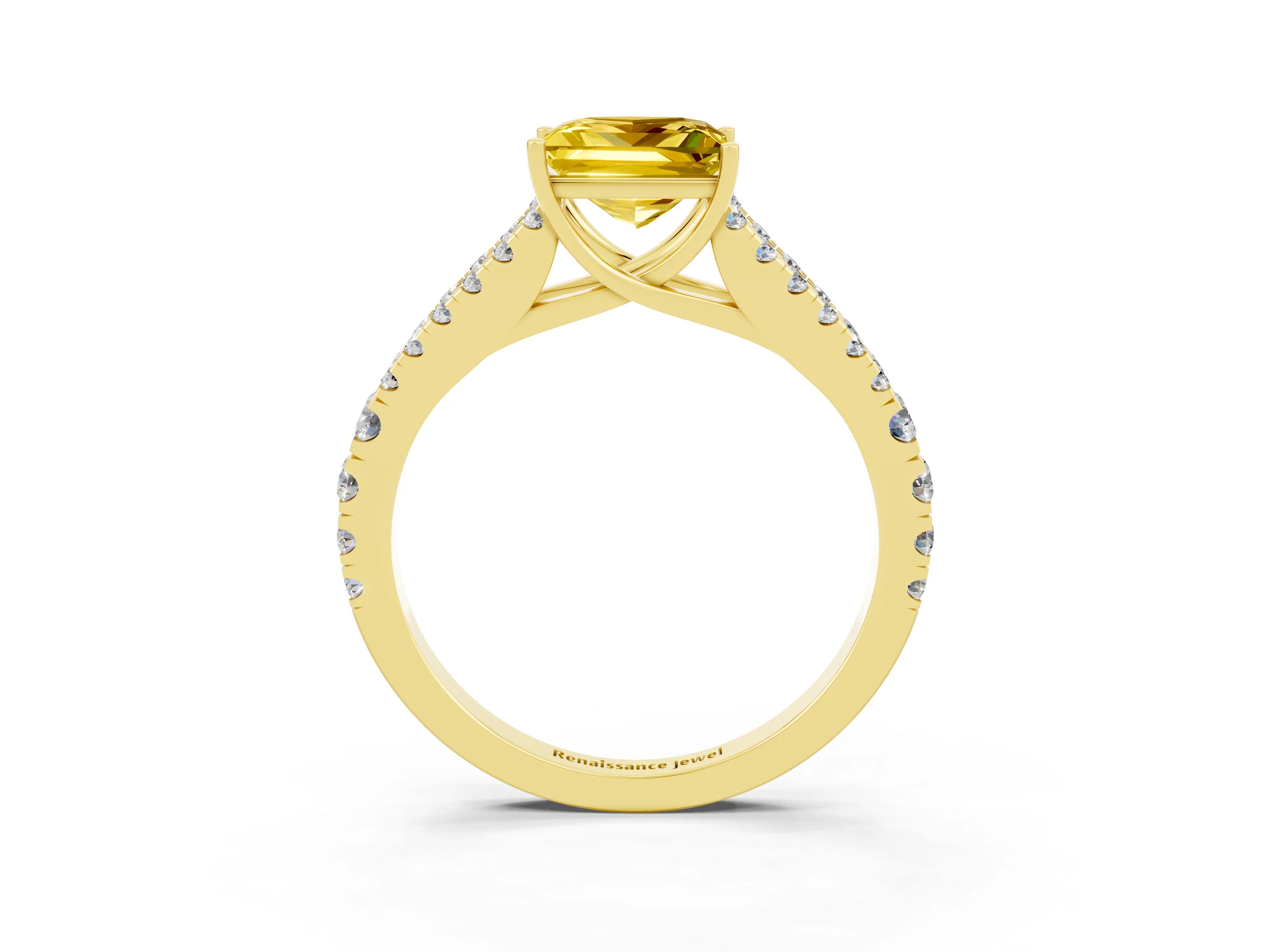 Yellow gold Princess Cut Yellow Sapphire Split Shank Pavé Engagement Ring with Four-Prong Setting_15