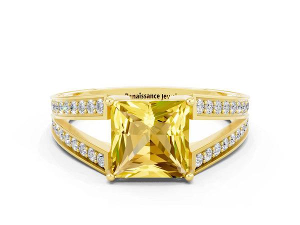 Yellow gold Princess Cut Yellow Sapphire Split Shank Ring with Pavé Band and Four-Prong Setting