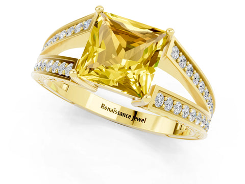 Yellow gold Princess Cut Yellow Sapphire Split Shank Ring with Pavé Band and Four-Prong Setting_1