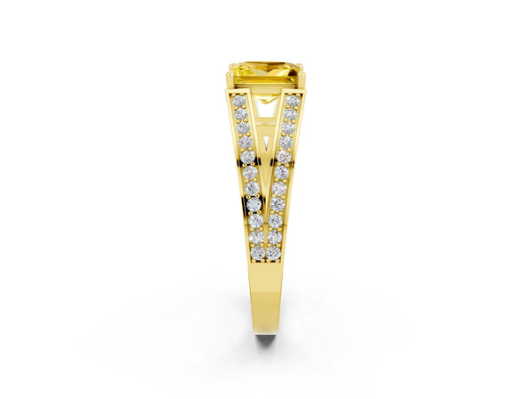 Yellow gold Princess Cut Yellow Sapphire Split Shank Ring with Pavé Band and Four-Prong Setting