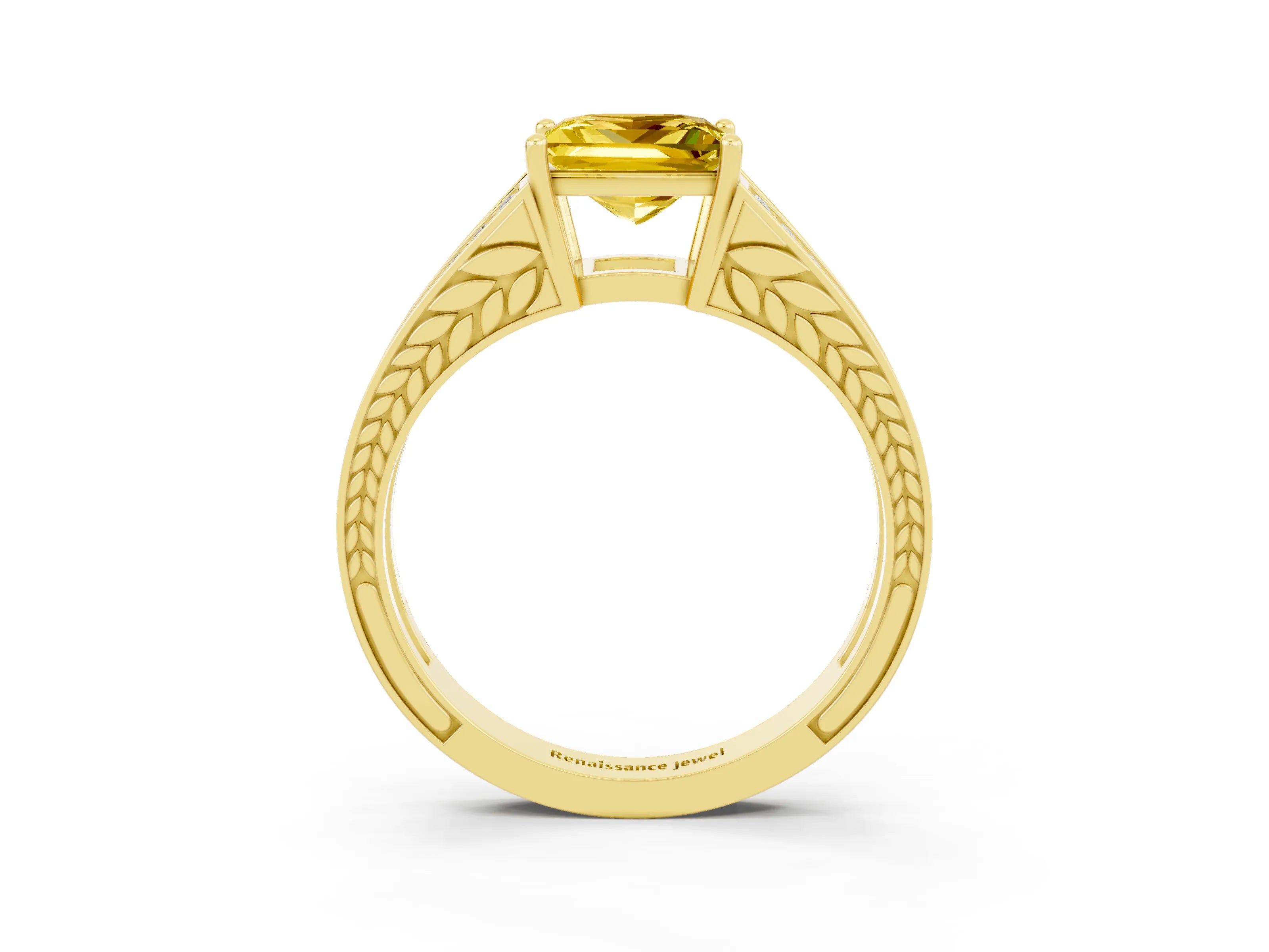 Yellow gold Princess Cut Yellow Sapphire Split Shank Ring with Pavé Band and Four-Prong Setting_3
