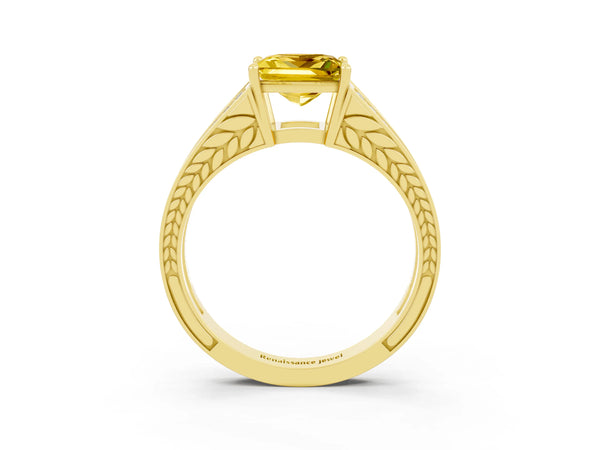 Yellow gold Princess Cut Yellow Sapphire Split Shank Ring with Pavé Band and Four-Prong Setting