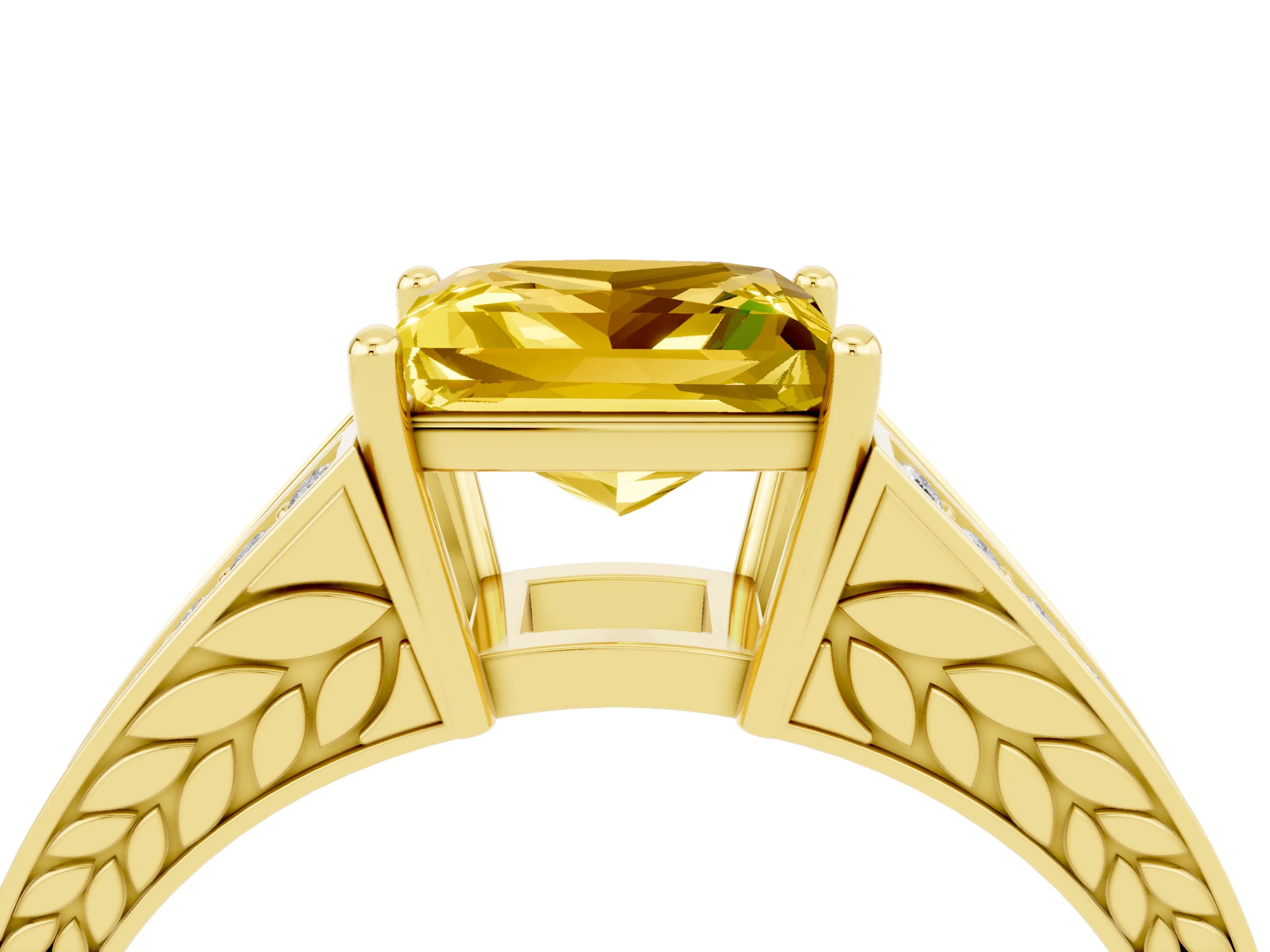 Yellow gold Princess Cut Yellow Sapphire Split Shank Ring with Pavé Band and Four-Prong Setting_4