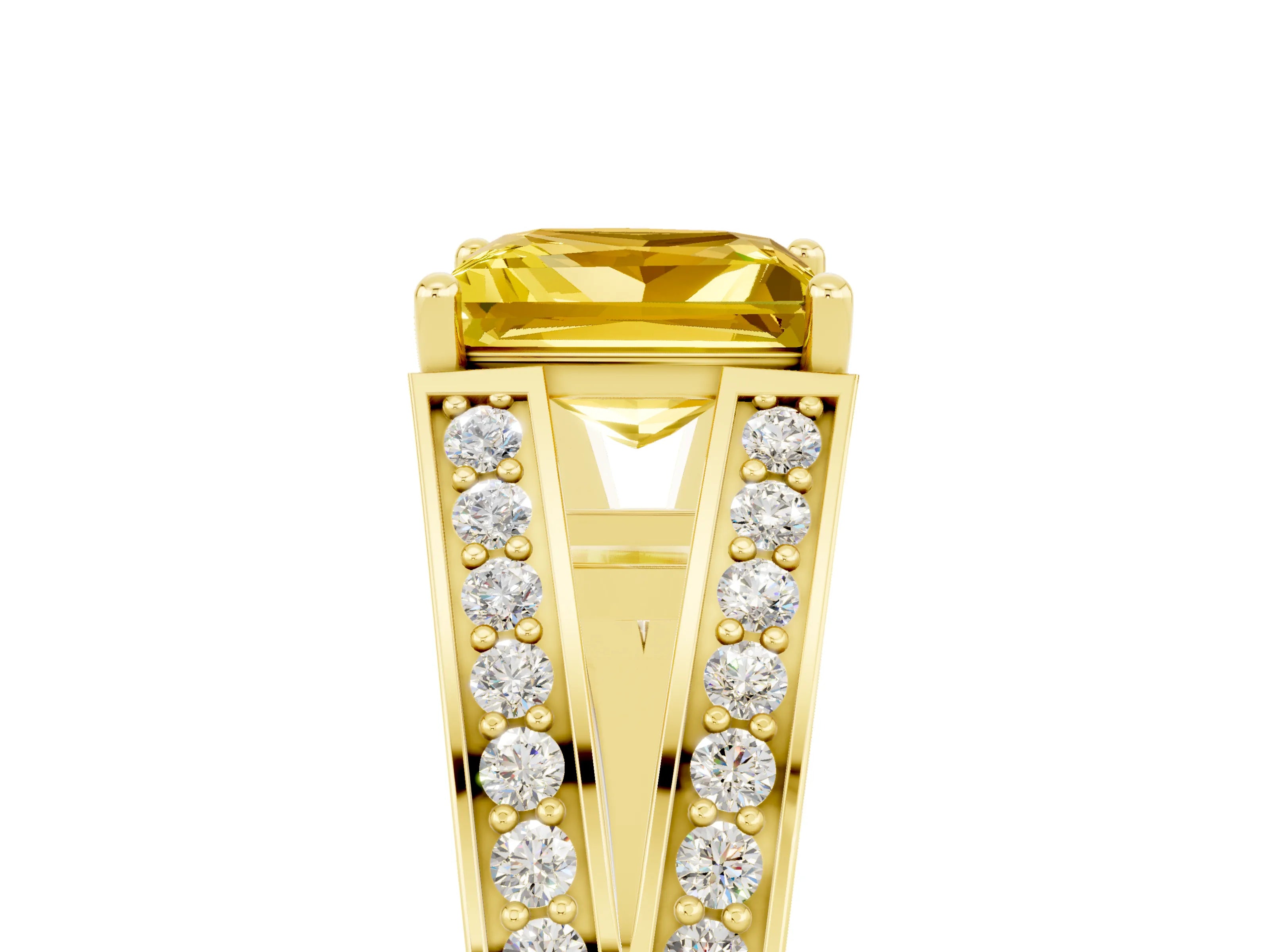 Yellow gold Princess Cut Yellow Sapphire Split Shank Ring with Pavé Band and Four-Prong Setting_5