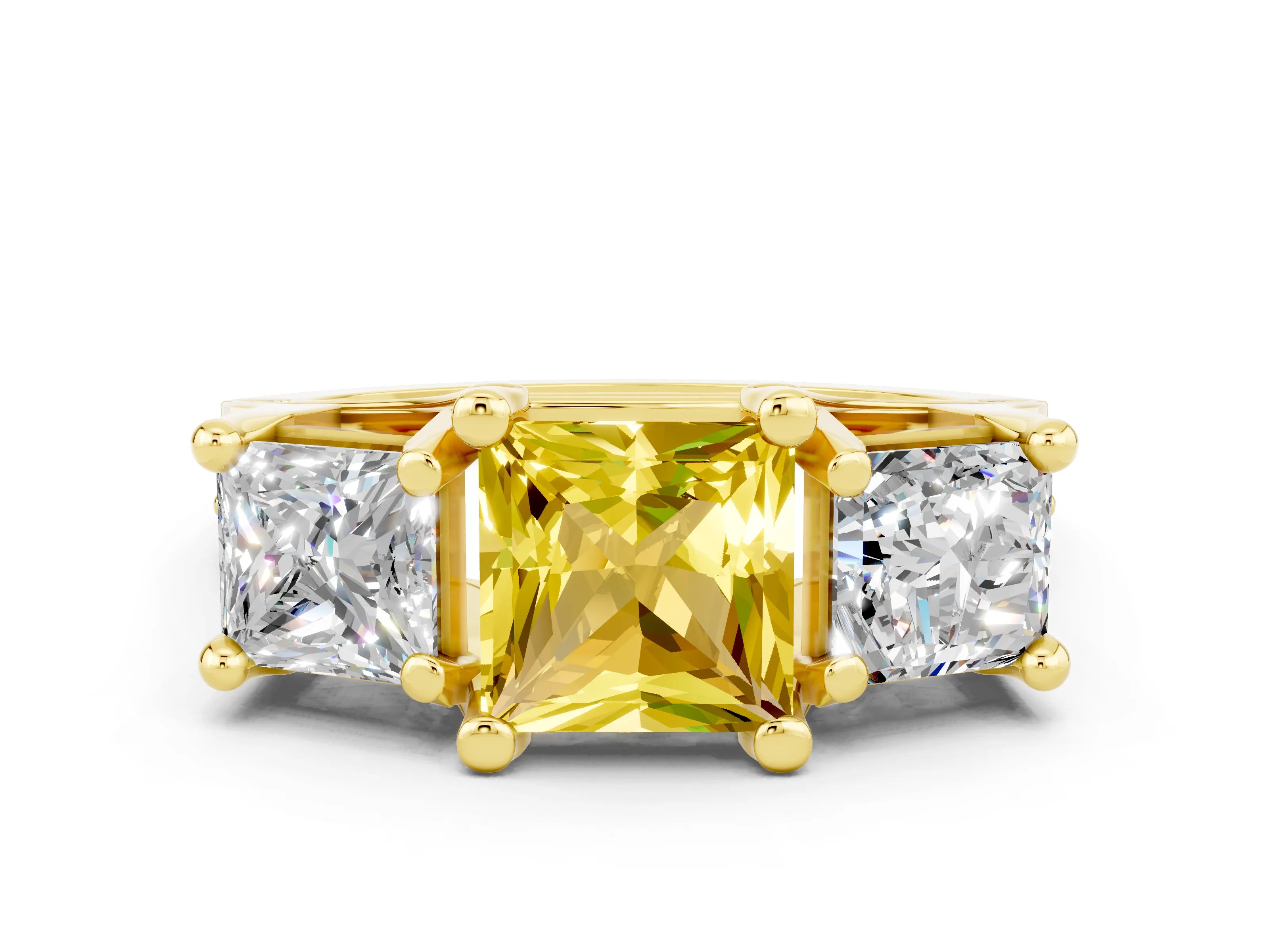 Yellow gold Princess Cut Yellow Sapphire Three-Stone Ring with Channel Set Band and Four-Prong Setting