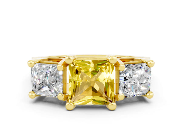 Yellow gold Princess Cut Yellow Sapphire Three-Stone Ring with Channel Set Band and Four-Prong Setting
