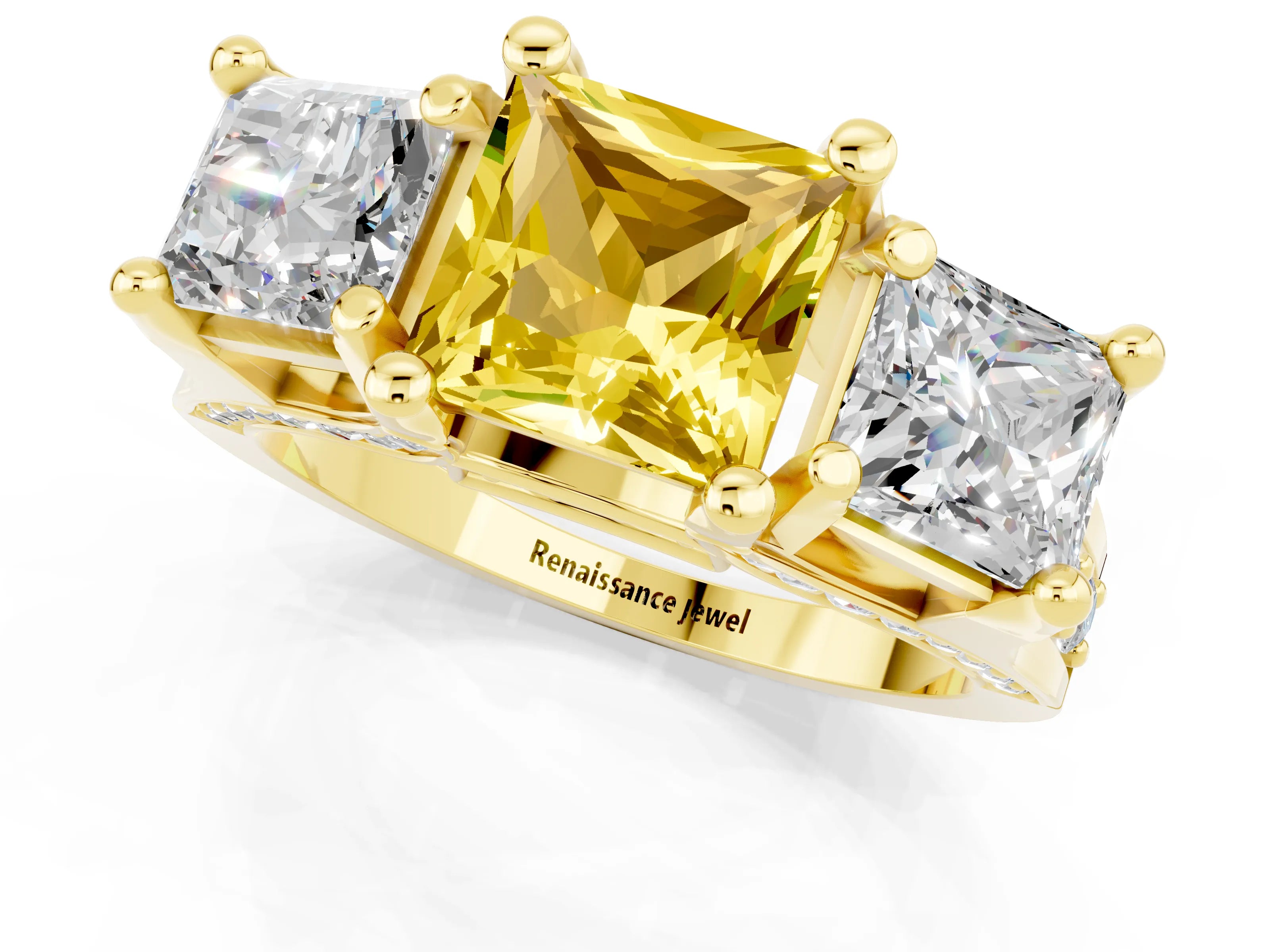 Yellow gold Princess Cut Yellow Sapphire Three-Stone Ring with Channel Set Band and Four-Prong Setting_1