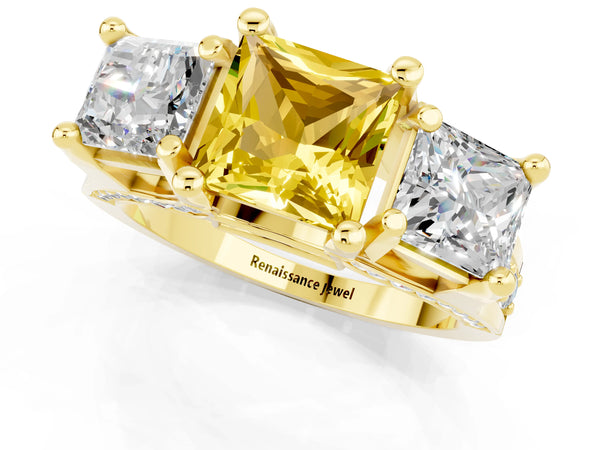 Yellow gold Princess Cut Yellow Sapphire Three-Stone Ring with Channel Set Band and Four-Prong Setting
