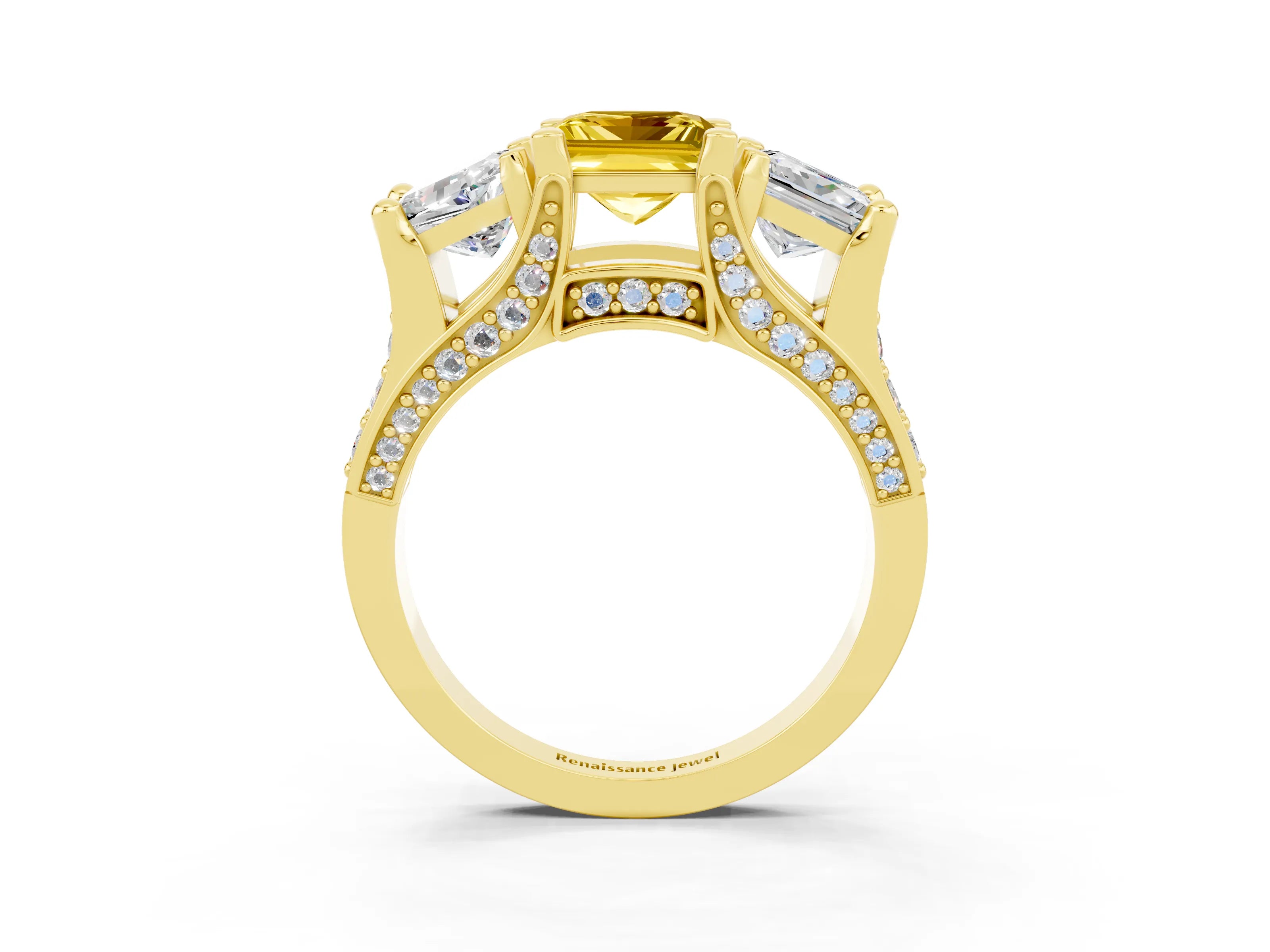 Yellow gold Princess Cut Yellow Sapphire Three-Stone Ring with Channel Set Band and Four-Prong Setting_3