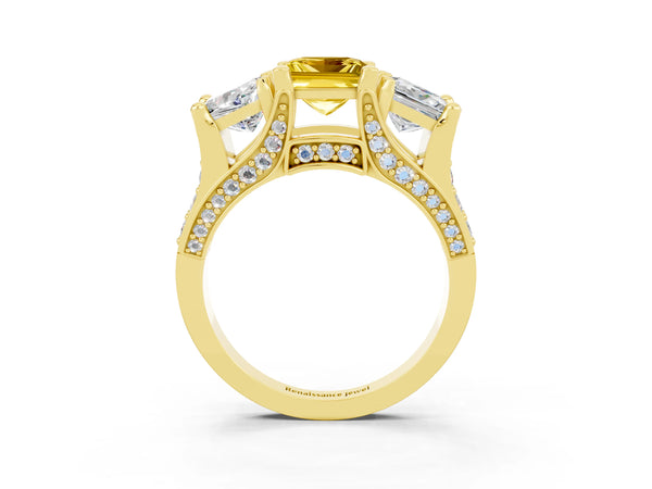 Yellow gold Princess Cut Yellow Sapphire Three-Stone Ring with Channel Set Band and Four-Prong Setting