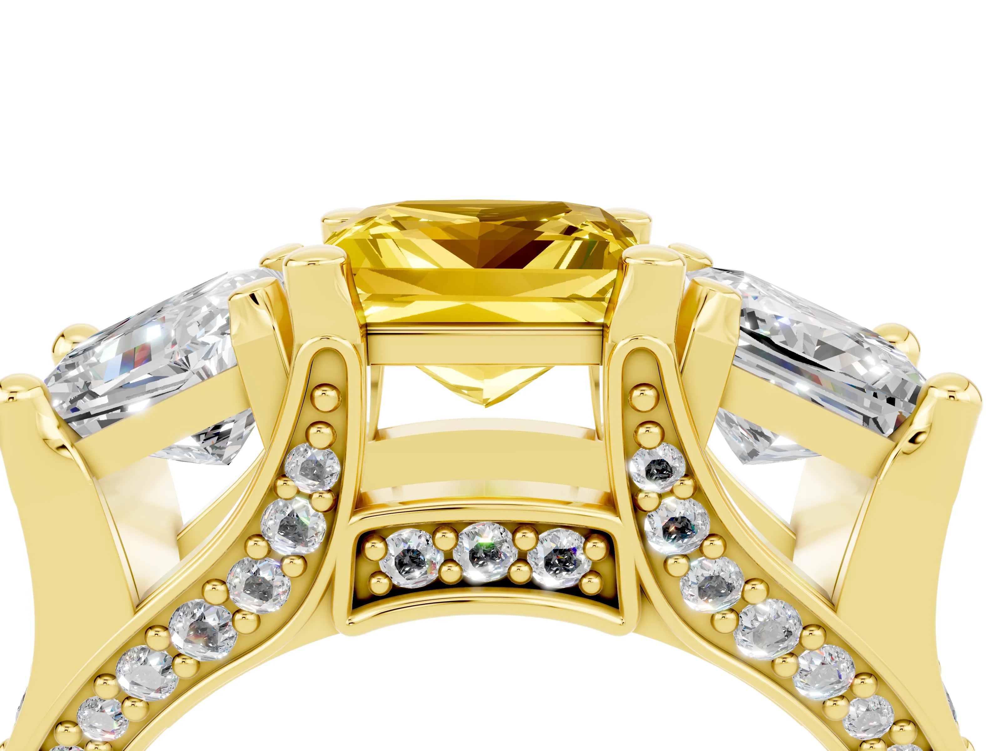 Yellow gold Princess Cut Yellow Sapphire Three-Stone Ring with Channel Set Band and Four-Prong Setting_4