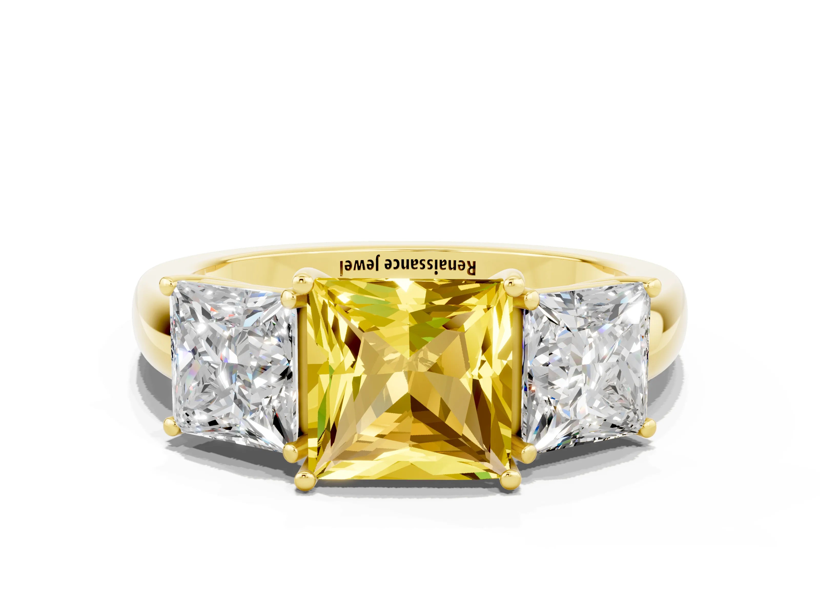 Yellow gold Princess Cut Yellow Sapphire Three-Stone Ring with Four-Prong Setting and Classic Band