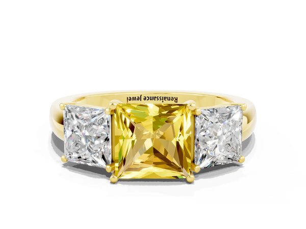 Yellow gold Princess Cut Yellow Sapphire Three-Stone Ring with Four-Prong Setting and Classic Band
