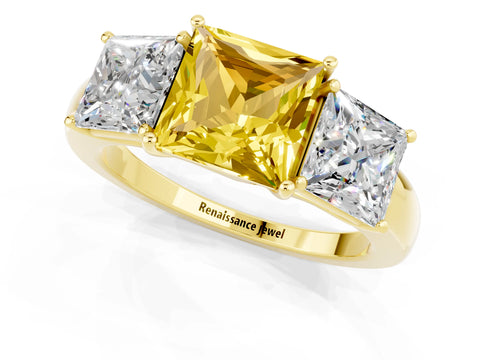 Yellow gold Princess Cut Yellow Sapphire Three-Stone Ring with Four-Prong Setting and Classic Band_1