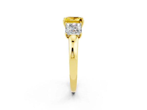 Yellow gold Princess Cut Yellow Sapphire Three-Stone Ring with Four-Prong Setting and Classic Band