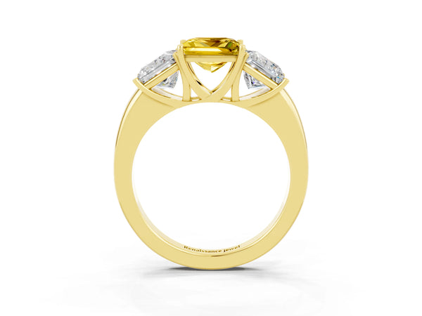 Yellow gold Princess Cut Yellow Sapphire Three-Stone Ring with Four-Prong Setting and Classic Band