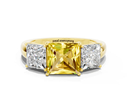 Yellow gold Princess Cut Yellow Sapphire Three-Stone Ring with Four-Prong Setting and Classic Band