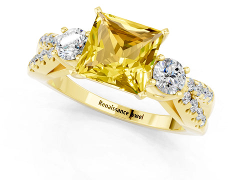 Yellow gold Princess Cut Yellow Sapphire Three-Stone Ring with Pavé Split Shank and Four-Prong Setting_25