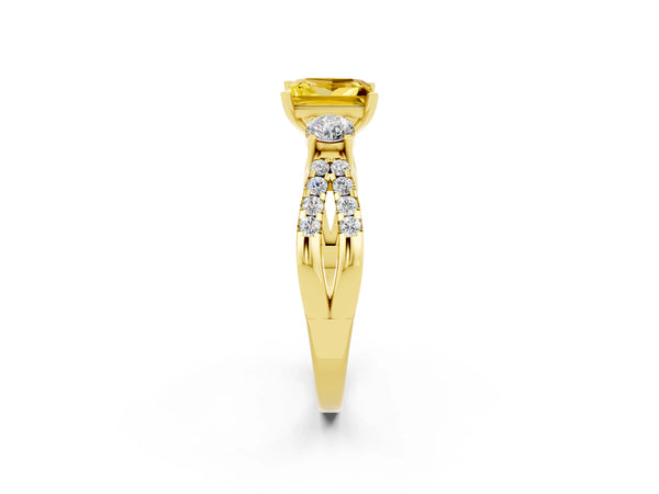 Yellow gold Princess Cut Yellow Sapphire Three-Stone Ring with Pavé Split Shank and Four-Prong Setting
